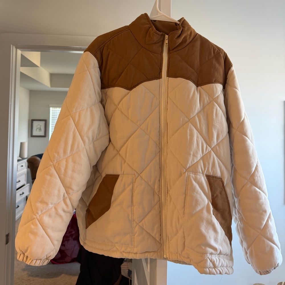 Women's Cream and Brown Quilted Puffer Jacket